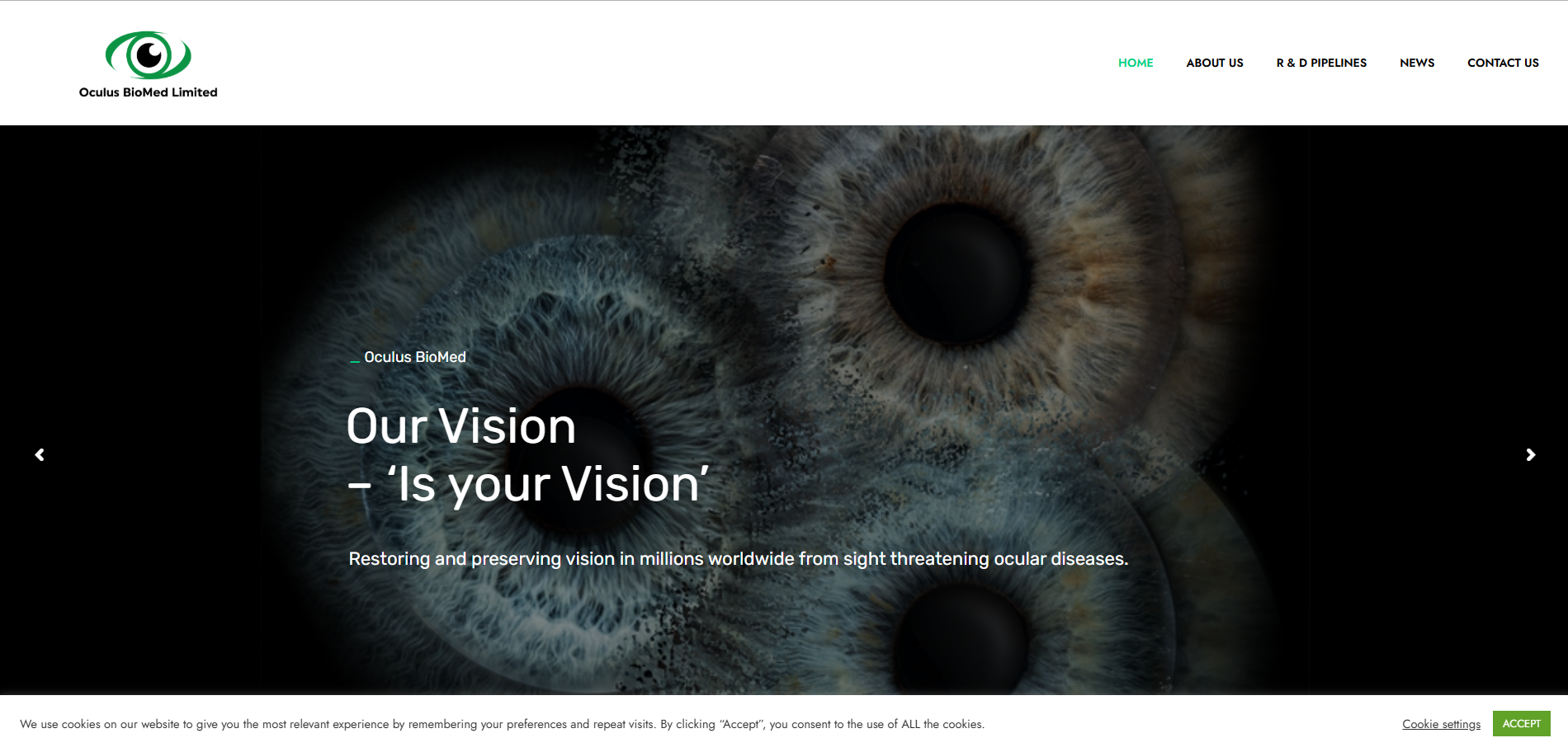 A clean and professional homepage layout showcasing the medical company website design Melbourne for Oculus BioMed.